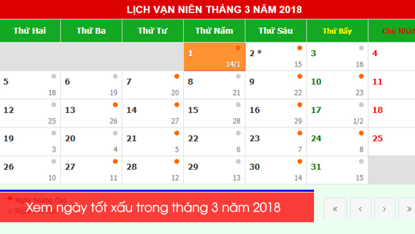 Xem ngày tốt xấu trong tháng 3 năm 2018