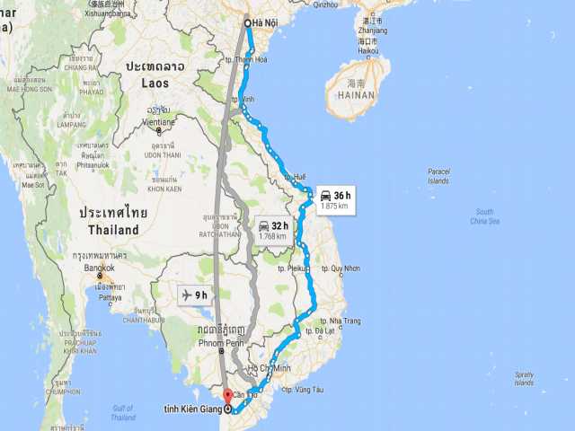Từ Hà Nội đi Kiên Giang bao nhiêu km?
