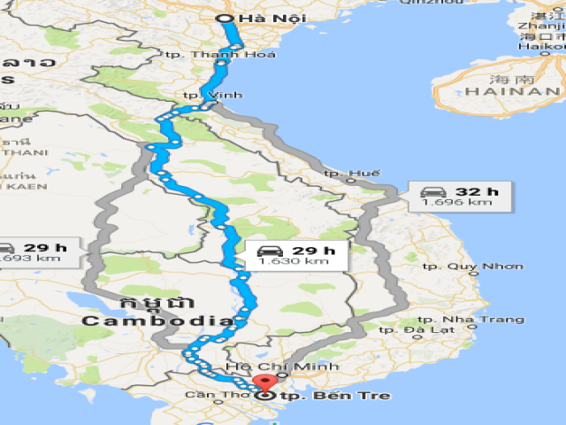Từ Hà Nội đi Bến Tre bao nhiêu km?