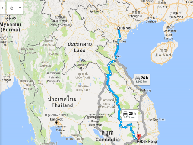 Từ Hà Nội đi Đắk Nông bao nhiêu km?