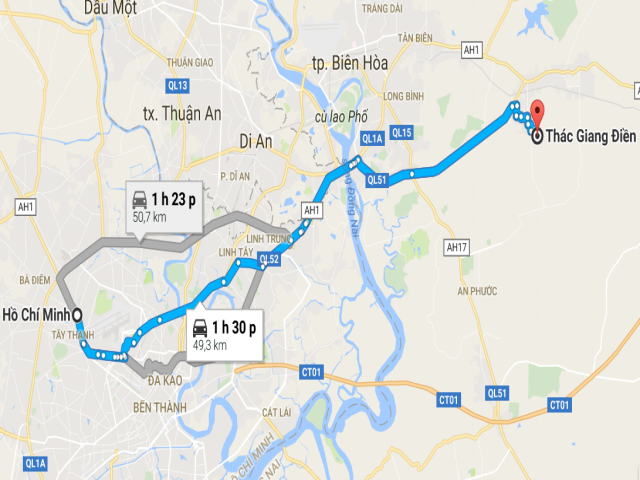 Từ TPHCM đi thác Giang Điền bao nhiêu km? 