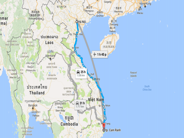 Từ Hà Nội đi Cam Ranh bao nhiêu km?