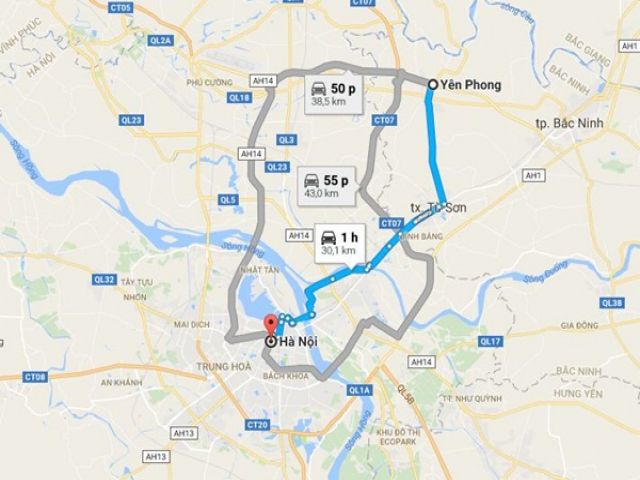 Từ Hà Nội đi Yên Phong (Bắc Ninh) bao nhiêu km?