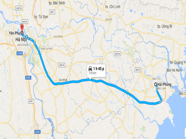 Từ thành phố Hải Phòng đi Yên Phụ - Hà Nội bao nhiêu km?